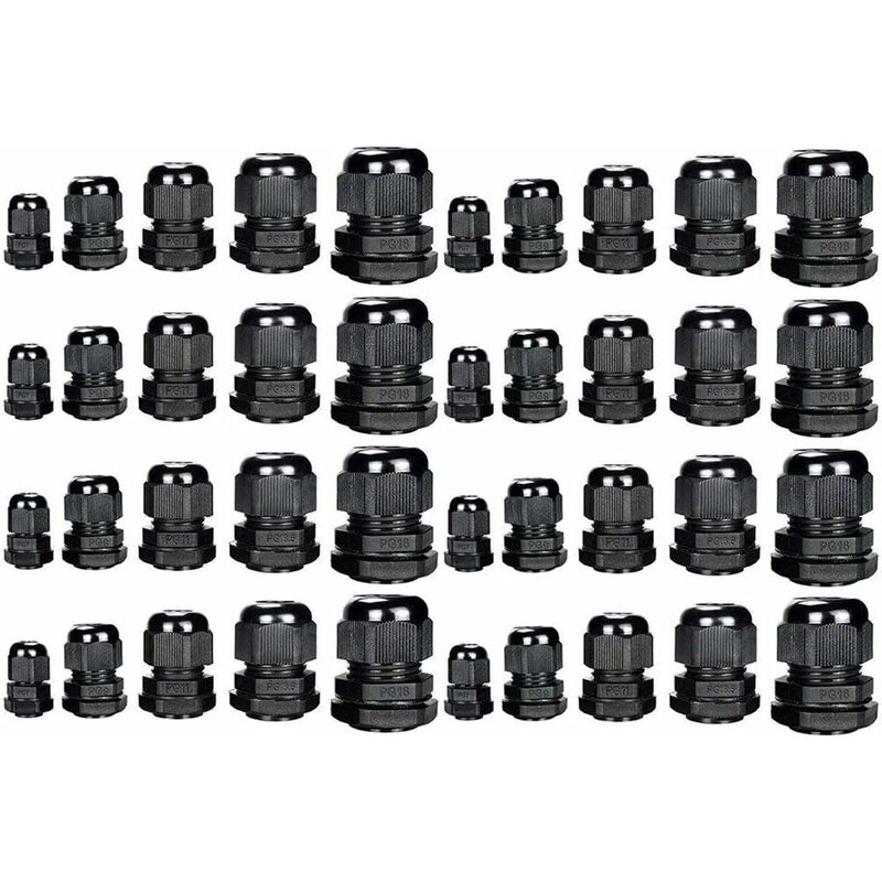 Plastic Cable Glands Waterproof Adjustable 3.5-13mm Cable Glands Seals Wire Protectors PG7, PG9, PG11, PG13.5, PG16, Pack of 40