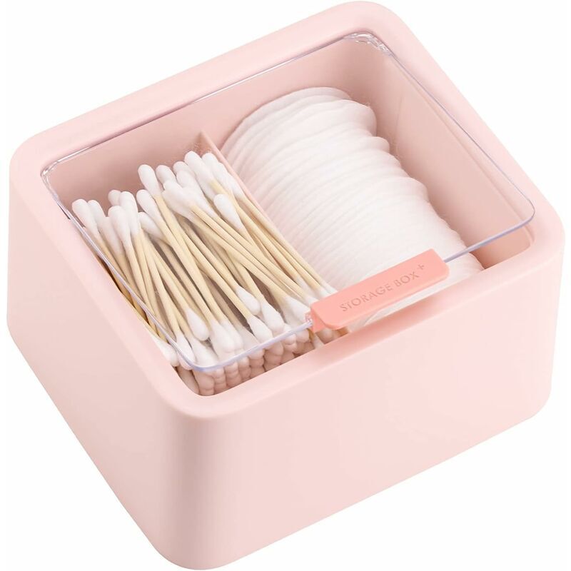 Plastic Cotton Balls Holder Bathroom Storage Qtips Holder Swabs Pads Dispenser with Hinged Cover Lid, 2 Separates Containers, Pink