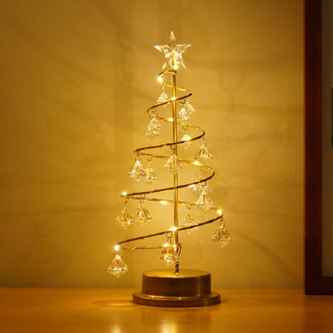 Plastic & Metal Lighted Tabletop Christmas Tree, Christmas Tree Shaped Decorative LED Lamp, Glowing Christmas Decoration with Crystal Balls for Office Home Bedroom, Silver