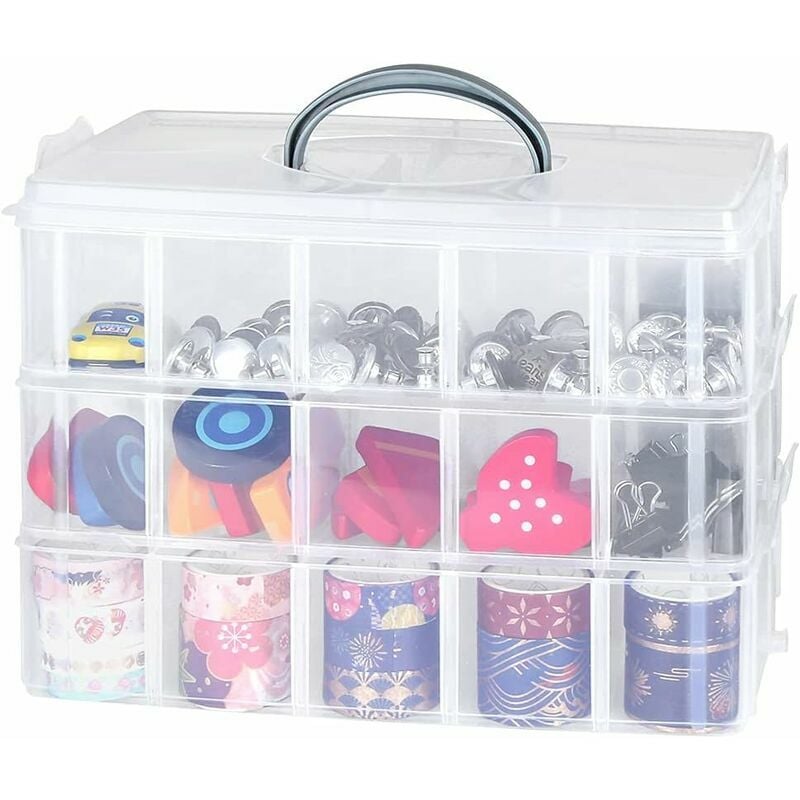 Plastic Storage Box, Transparent Storage Box, 3 Stackable Plastic Tiers, Adjustable Divider Storage Box, Plastic Box for Beads, Scrapbooking