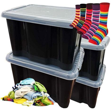 Plastic Storage Boxes Pack of 5 (24 Litre) Black Box With See Through Lids