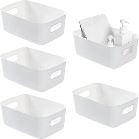 Plastic Storage, Large, 5 PCS Pushable Plastic Storage Boxes, for Kitchen, Cabinets, Office (White)