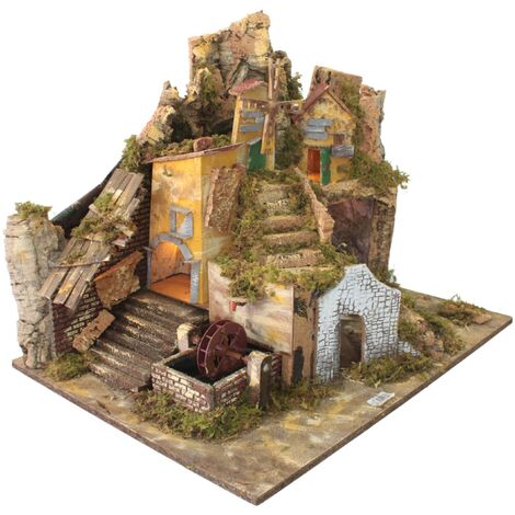 Plastico Presepe Paesaggio 65x47 cm con Luci e Mulino ad Acqua 11369