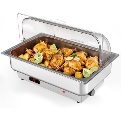 Plat chauffant 600W en acier inox avec couvercle polycarbonate - Maintien au chaud pour buffet, 220V, Idéal fêtes et restaurants