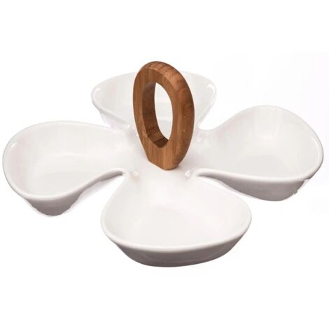 Plat de présentation en céramique  4 compartiments  28 x 28 cm  Blanc & bois