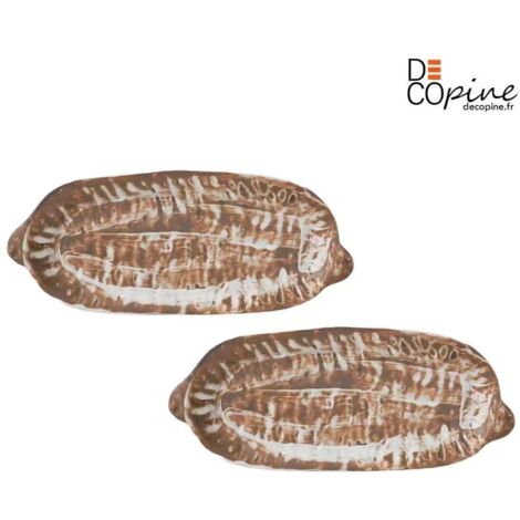 Plat de service artisanal brun et blanc 34,5x14,3 cm Decopine- Lot de 2