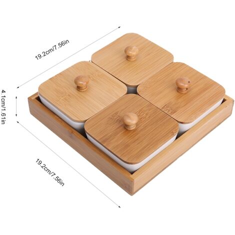 Plat de service céramique 4 compartiments avec couverture bambou pour fruits, noix, desserts - blanc, manomade - Appetizer Platter en céramique blanc avec couverture bambou naturel pour fruits, snacks