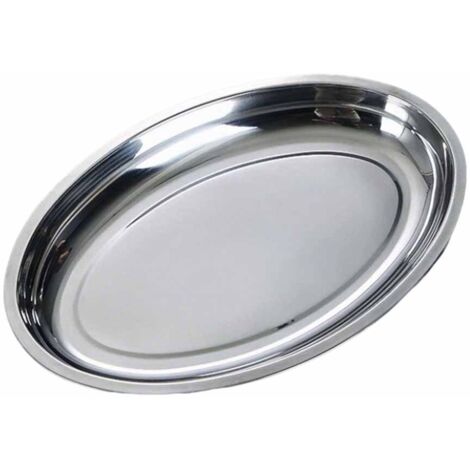 Plat ovale en acier inoxydable avec plateau argenté, mesurant 30,3 x 19,5 x 3 cm, conçu pour le service des aliments. Facile à nettoyer et polyvalent, avec un rebord élargi.
