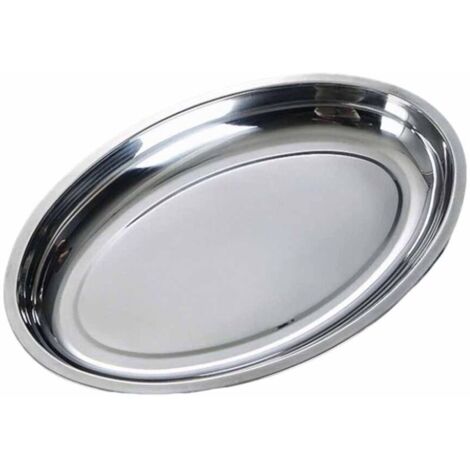 Plat ovale en acier inoxydable avec plateau argenté, mesurant 30,3 x 19,5 x 3 cm, conçu pour le service des aliments. Facile à nettoyer et polyvalent, avec un rebord élargi.