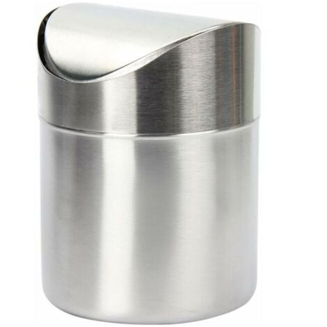 (Plata) Mini bote de basura de acero inoxidable con tapa abatible, práctico para oficina, mesa, coche, dormitorio,