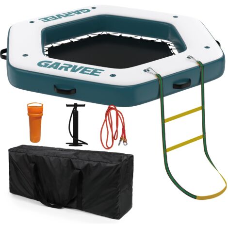 Plataforma flotante hexagonal 2,6x2,6 m – Malla transpirable, antideslizante – Escalera desmontable – 4-6 adultos – lago, playa