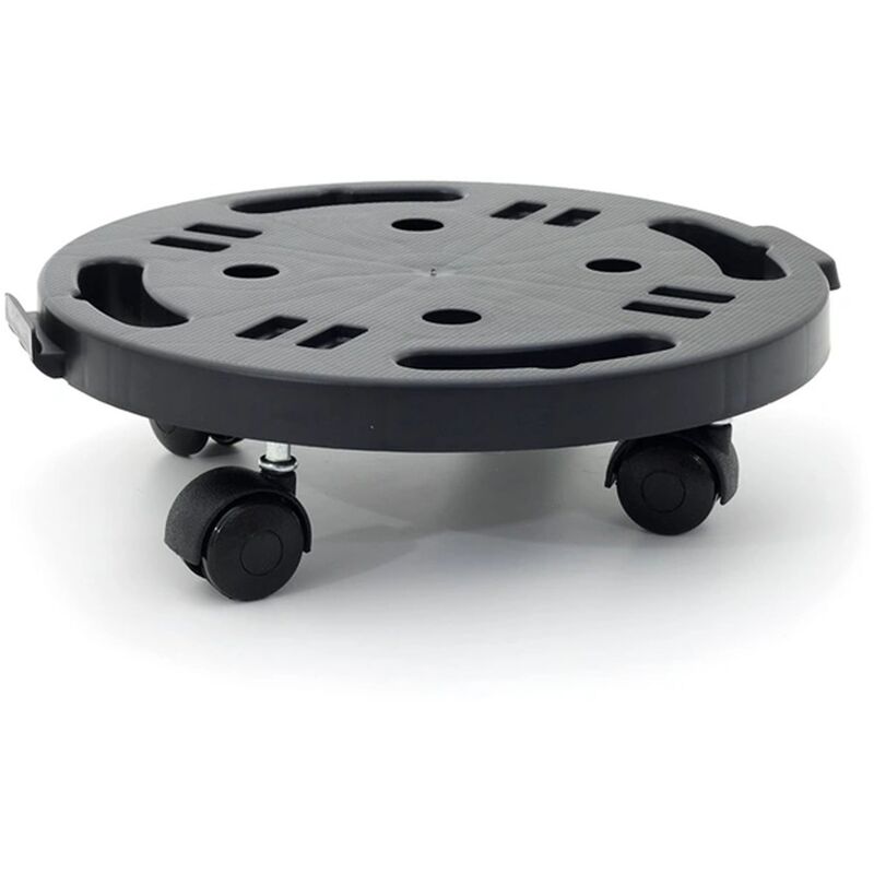 

Plataforma redonda con ruedas, en polipropileno. Dimensiones 300x300x H30 mm, ensambladas 300x300x h70 mm. De color negro