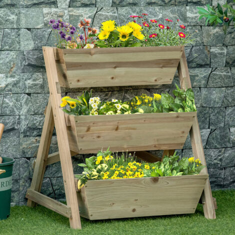 Plate-bande escalier fleurs en bois 71x61x77cm à 3 étagères,support décoratif pour plantes et fleurs sur balcon et jardin.