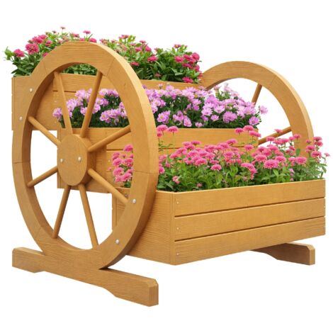 Plate-bande surélevée, 3 niveaux, décoration de roue de chariot, bois naturel, 62 x 61 x 57 cm