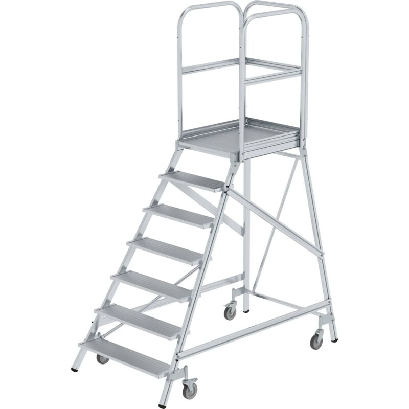 Munk - Günzburger Steigtechnik Escalier à palier praticable d'un côté avec roulette à ressort aluminium strié 7 marches - 050107