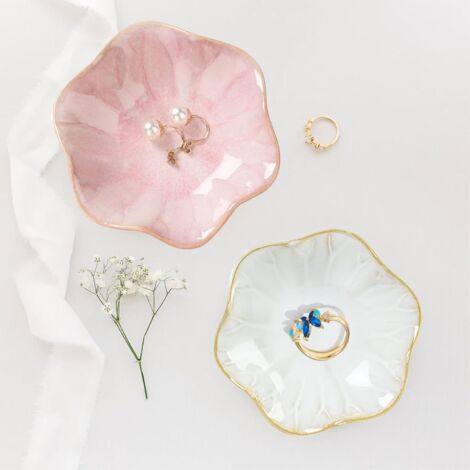 Plateau à Bijoux - 1 Unité - Céramique Émaillée - Rangement Bagues et Clés - Décoration Chambre - 10,9 cm Blanc et Rose
