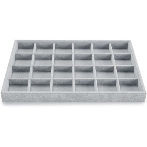 Plateau À Bijoux - 24 Compartiments - Velours Et Bois - Séparateurs Réglables - Pour Tiroir Et Coiffeuse - Gris