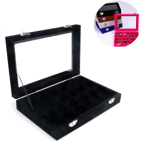 Plateau à bijoux en velours transparent à 24 compartiments avec couvercle transparent, vitrine à bijoux transparente, boîte de rangement et d'organisation à bijoux en feutre verrouillable, coffret à b