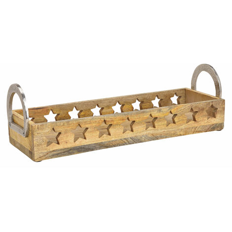 Plateau à bougies en bois de manguier - env. 44 cm - avec anse en métal