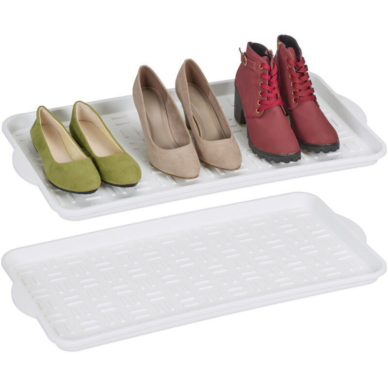 Relaxdays - Plateau à chaussures, lot de 2, bac égoutteur, pour 3 paires, 3,5 x 74 x 36 cm, égouttoir chaussures, blanc