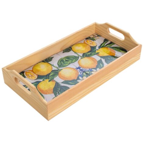 Plateau à citrons en céramique et en bois, idéal pour décorer votre cuisine et servir des fruits frais avec style