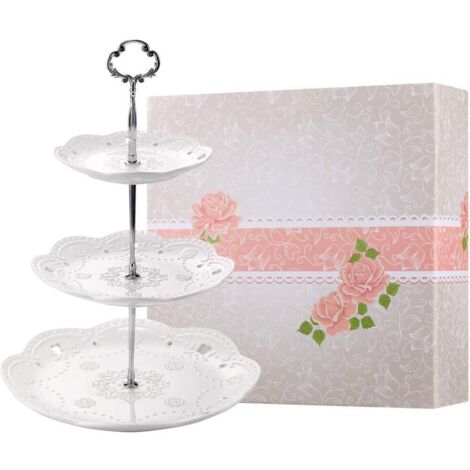 Plateau à cupcakes en porcelaine à trois étages, élégant présentoir à gâteaux blanc en relief