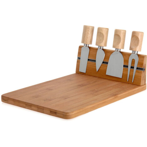 Plateau à fromage en bambou avec 4 couteaux en acier inoxydable – Dimensions 30 x 21 x 8,5 cm – Résistant à l'humidité et à la déformation – Excellent Houseware