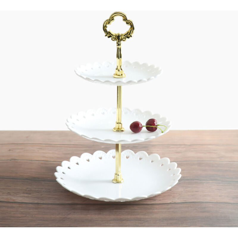 Plateau à fruits 3 étages pétales décoratif amovible pour gâteaux, cupcakes, snacks, mariage, fête, maison, blanc