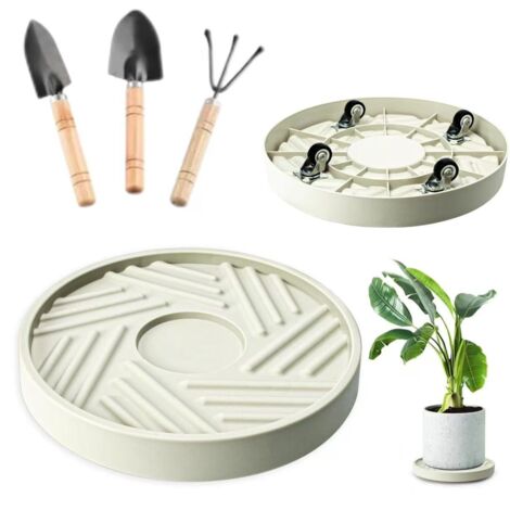 Plateau à roulettes pour plantes, base de pot de 30 cm, pelle de jardinage, support à plantes roulant, outils de jardinage inclus.