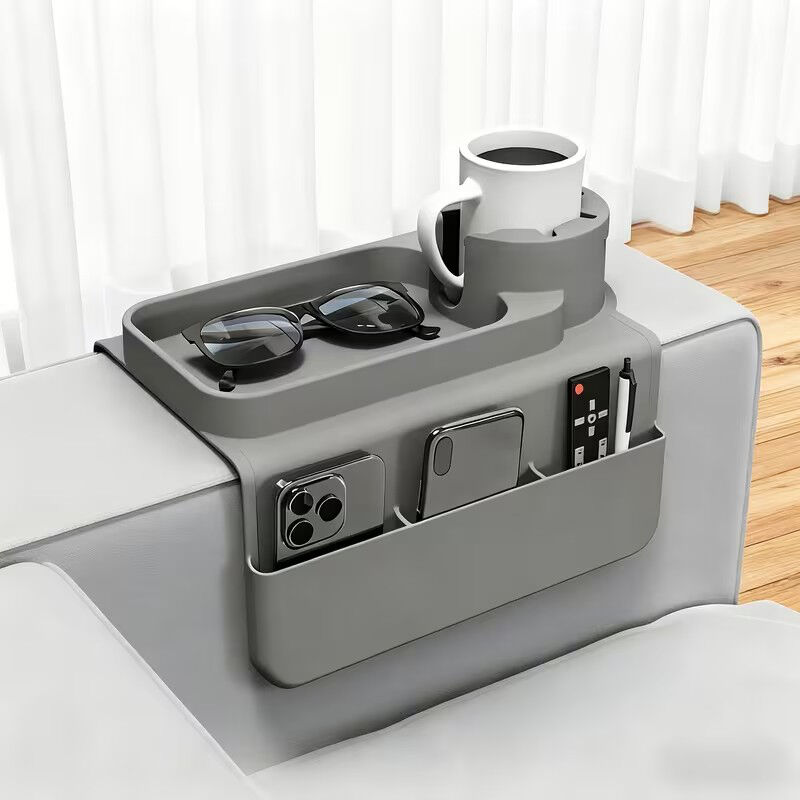 Plateau Accoudoir Canapé, Plateau Canape en Silicone, avec Poches Latérales et Porte Gobelets, Anti-Renversement et Anti-dérapant, pour Gobelets,
