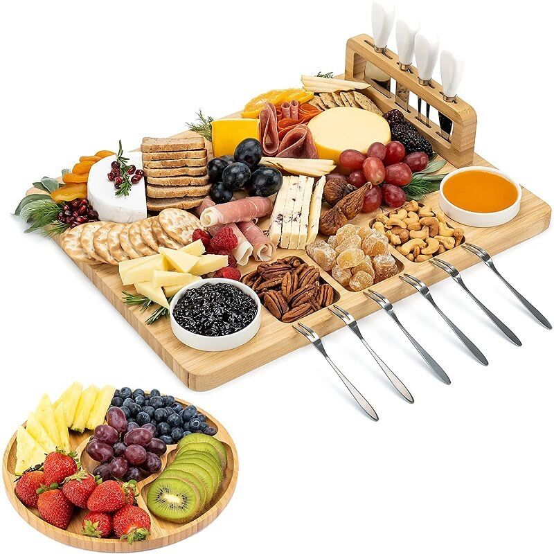 Plateau Apéritif en Bambou – Planche à Tapas et à Fromage – avec Couteaux, Fourchettes, Coupelles et Plateau Supplémentaire