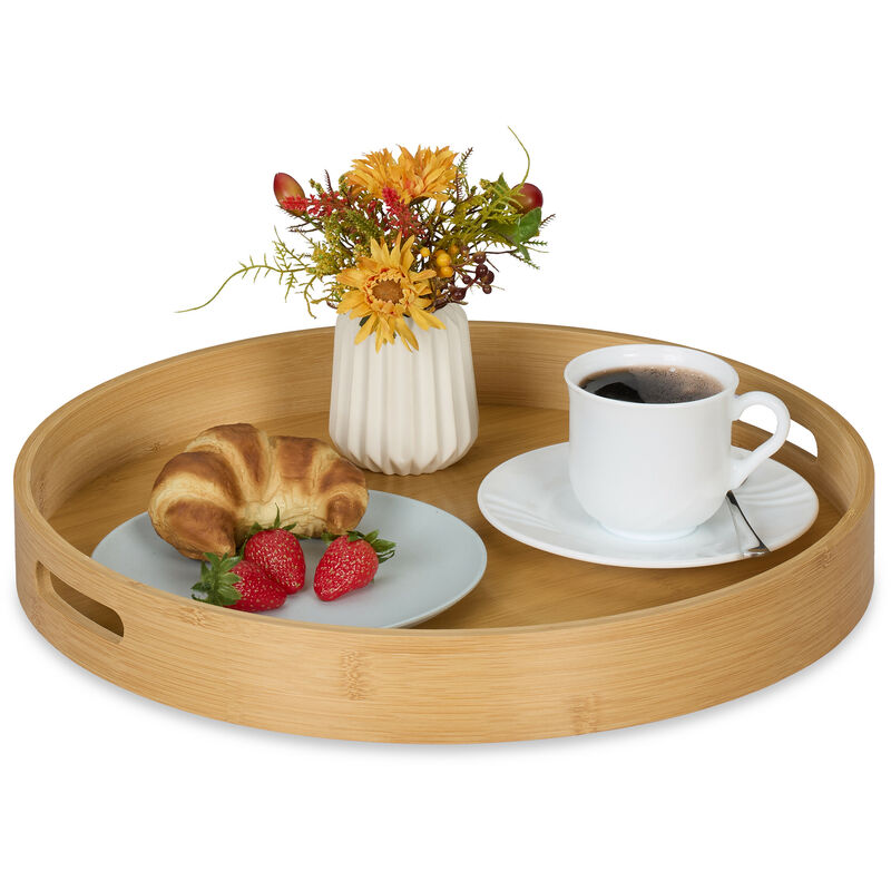 Plateau de service, en bambou et mdf, avec poignées, bord élevé, design rond, h x d : 5 x 40 cm, nature - Relaxdays