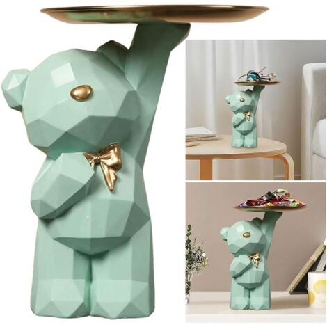 Plateau Clé Entrée Ours en Résine, Organisateur Porte Clé, Rangement Bijoux, Statue Décorative B-vert Clair