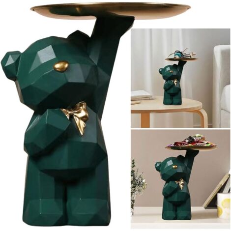 Plateau Clé Entrée Ours en Résine, Organisateur Porte Clé, Rangement Bijoux, Statue Décorative B-vert Foncé