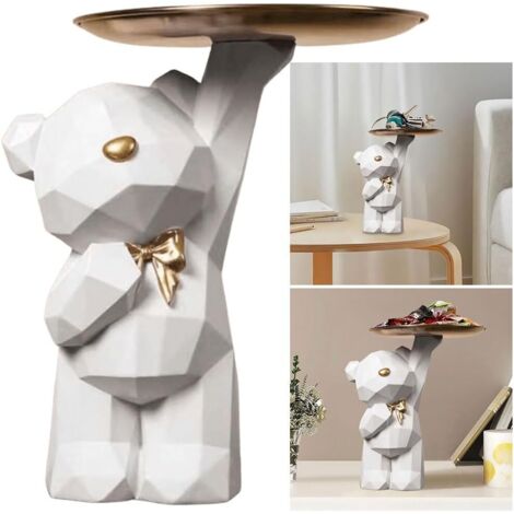 Plateau Clé Entrée Sculpture Ours en Résine, Organisateur Porte Clé, Rangement Bijoux, Statue Ours avec Bol, Accessoires B-blanc