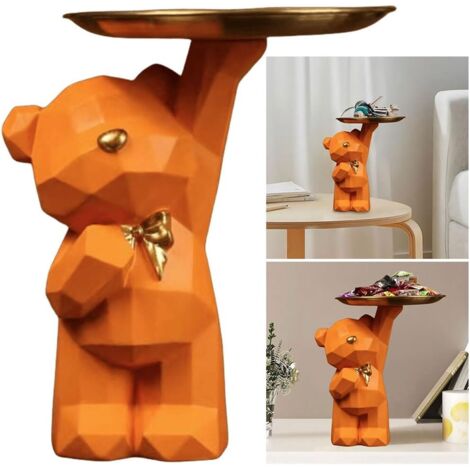 Plateau Clé Ours en Résine, Organisateur Porte Clé, Rangement Bijoux, Statue avec Bol, Décoration d'Entrée B-orange