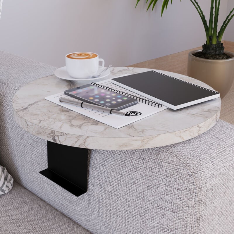 Plateau d'accoudoir de canapé Kuleskyd Ø 34 cm effet marbre blanc [en.casa]