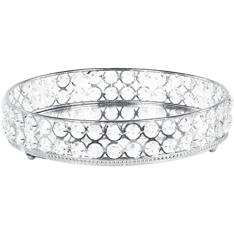 Plateau Décoratif Chic et Glamour de Forme Ronde 28 x 25 cm en Acier et Verre Argenté Pour Table Salon ou Salle a Manger Beliani