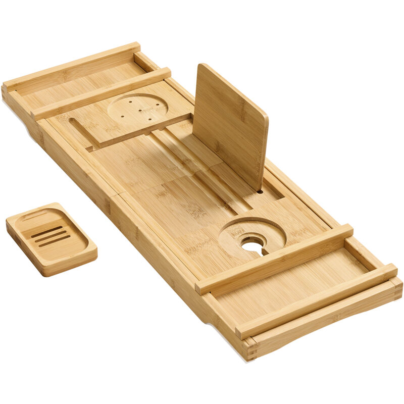 Plateau de Baignoire Extensible en Bambou, Plateau de Bain, Largeur 70 à 95,6 cm, Pliable, Antidérapant, pour Livre, Tablette, Verre de Vin,