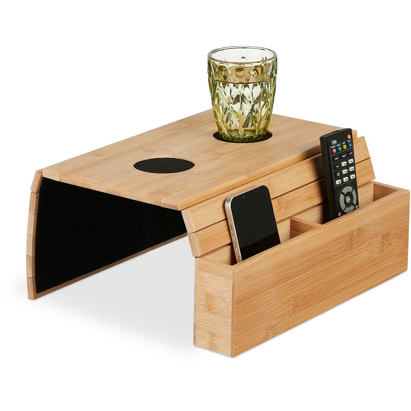 Support accoudoir, bambou, HxLxP: 5,5x50x33,5 cm, plateau, dessous de verre, 2 compartiments, nature - noir - Relaxdays