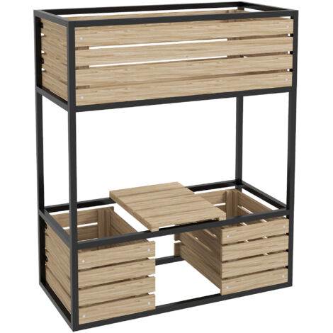 Plateau de jardin surélevé en bois, bac à fleurs à 2 niveaux avec étagère, potager surélevé avec feutre intérieur, bac à herbes, brun clair, 83 x 39 x 100 cm