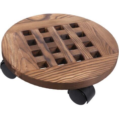 Plateau de pot de fleur rond en bois carbonisé de 30 cm de diamètre, support de fleur mobile avec base de pot de fleur à roulettes, 2 pièces