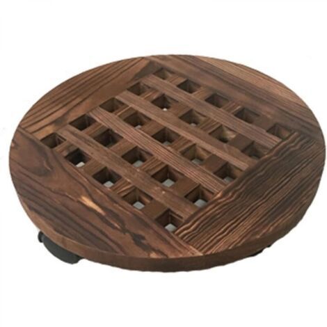 Plateau de pot de fleur rond en bois carbonisé de 40 cm de diamètre, support de fleur mobile avec base de pot de fleur à roulettes, 2 pièces