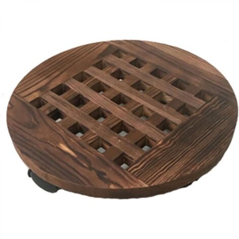 Plateau de pot de fleur rond en bois carbonisé de 40 cm de diamètre, support de fleur mobile avec base de pot de fleur à roulettes, 2 pièces
