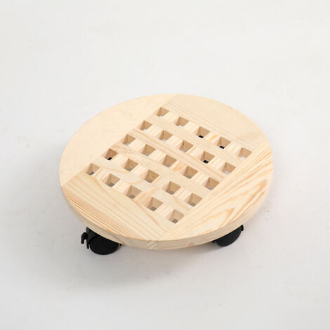 Plateau de pot de fleur rond en bois de couleur bois de 35 cm de diamètre, support de fleur mobile avec base de pot de fleur à roulettes, 2 pièces