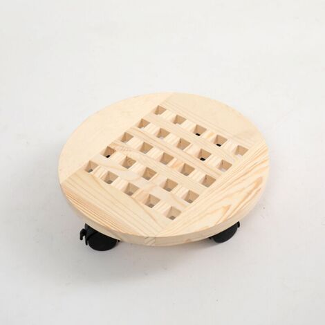 Plateau de pot de fleur rond en bois de couleur bois de 35 cm de diamètre, support de fleur mobile avec base de pot de fleur à roulettes, 2 pièces