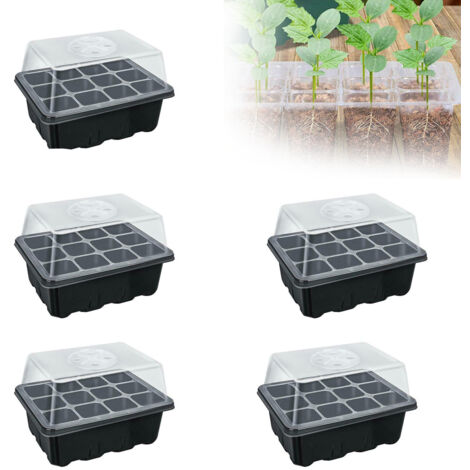 Plateau de Semis 12 Cases pour Jardin Balcon: Bac de Culture Reutilisable avec Couvercle Transparent, 18x14x21cm, 5 Pièces, Vert Noir Blanc