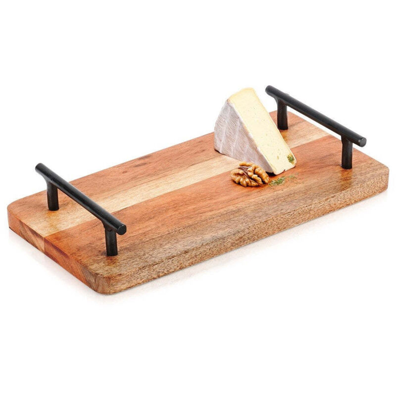 Plateau de service en bois d'acacia avec poignées en métal, 30 x 15 x 5 cm.