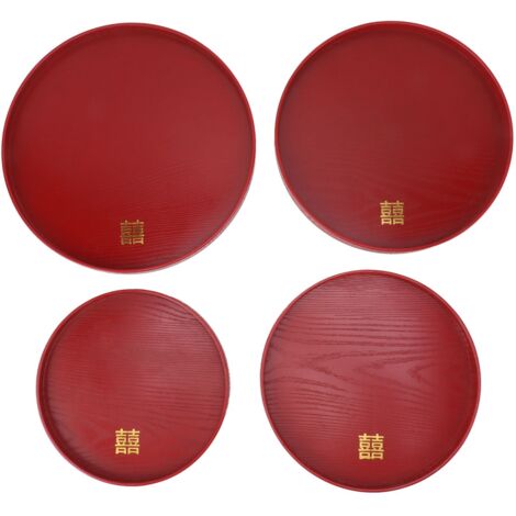 Plateau de service en bois style chinois rouge pour mariage, 4 pièces, idéal pour thé, café, fruits et bonbons.