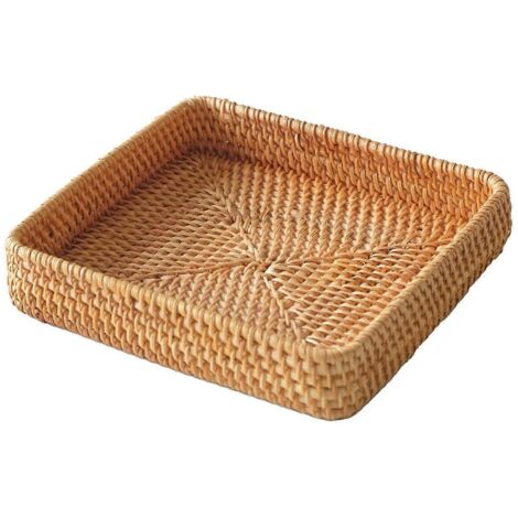 Plateau de service en rotin, plateau carré tressé, panier de rangement en osier